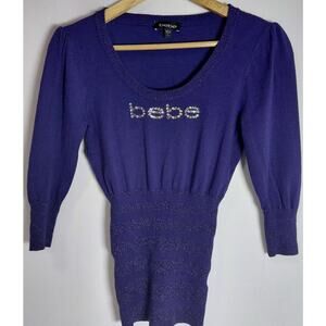 bebe Purple Knit Top Solid 3/4 Sleeve Size L